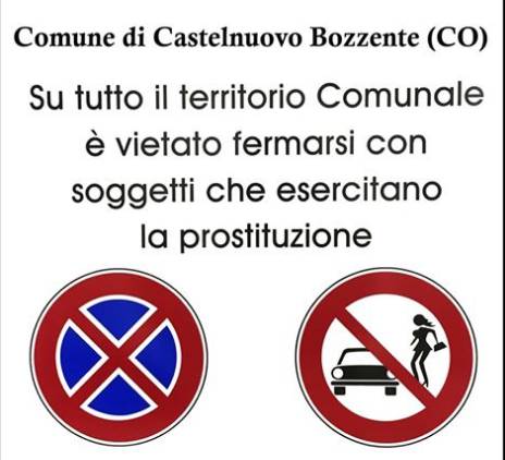 cartello contro prostituzione in strada comune di Castelnuovo bozzente