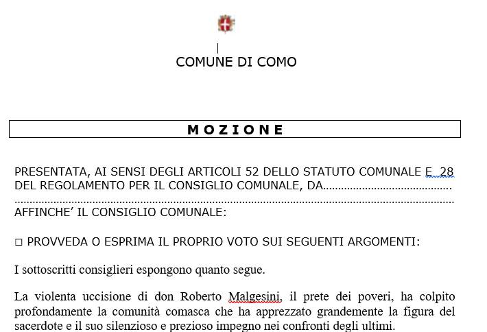 mozione como per chiedere intitolazione a don roberto luogo della città