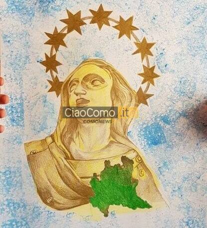 disegno bambina di albese con madonnina milano e cuore della regione