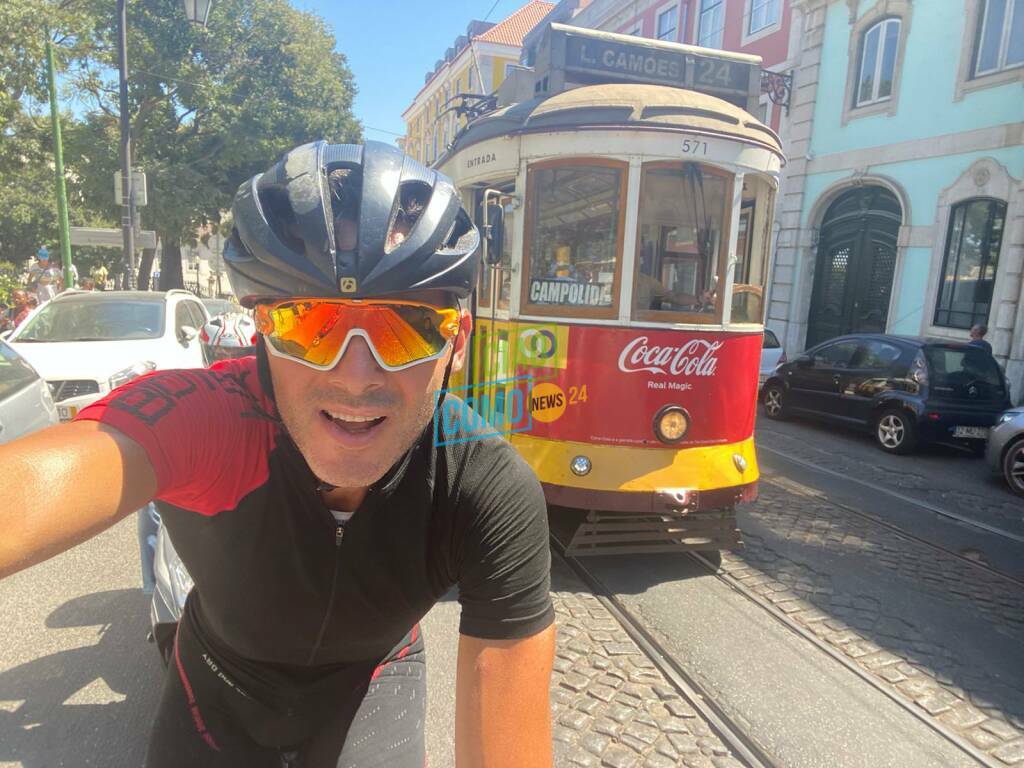 christian ghielmetti in bicicletta da ronago a lisbona suo arrivo città portoghese