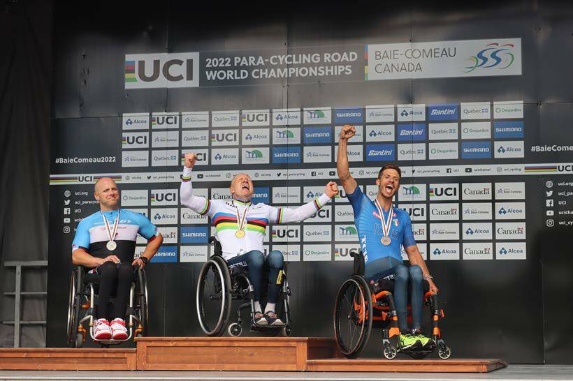 Paolo cecchetto medaglia d'oro mondiali paraciclismo in canada prova cronometro podio