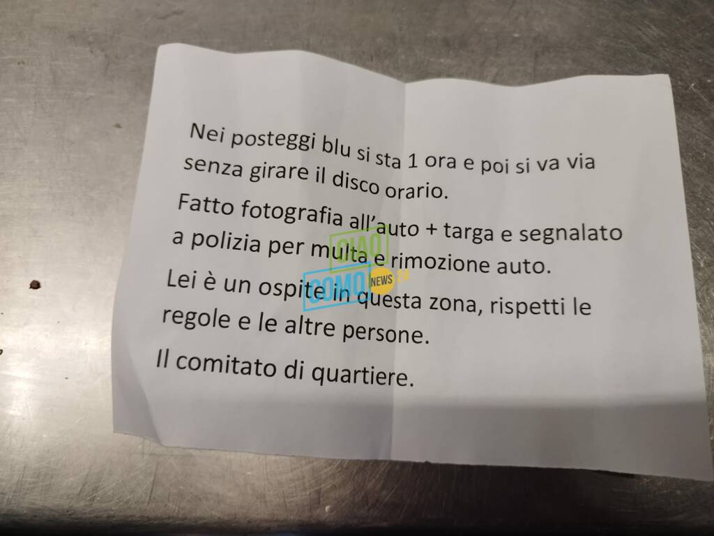 volantino contro sosta auto frontalieri oltre un'ora da parte del comitato di quartiere